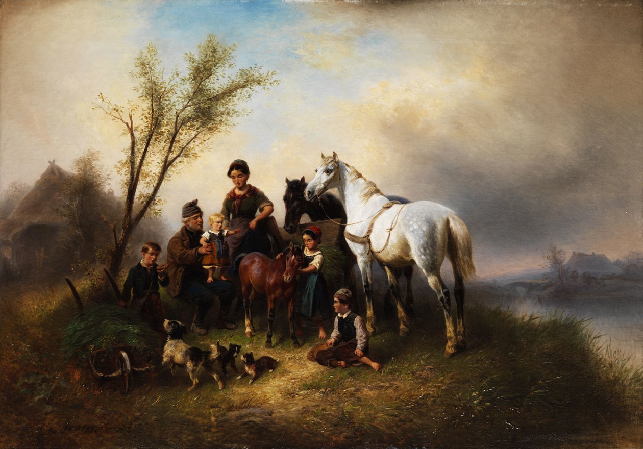 Bäuerliche Familie am Flussufer. tekijältä Wilhelm Meyerheim