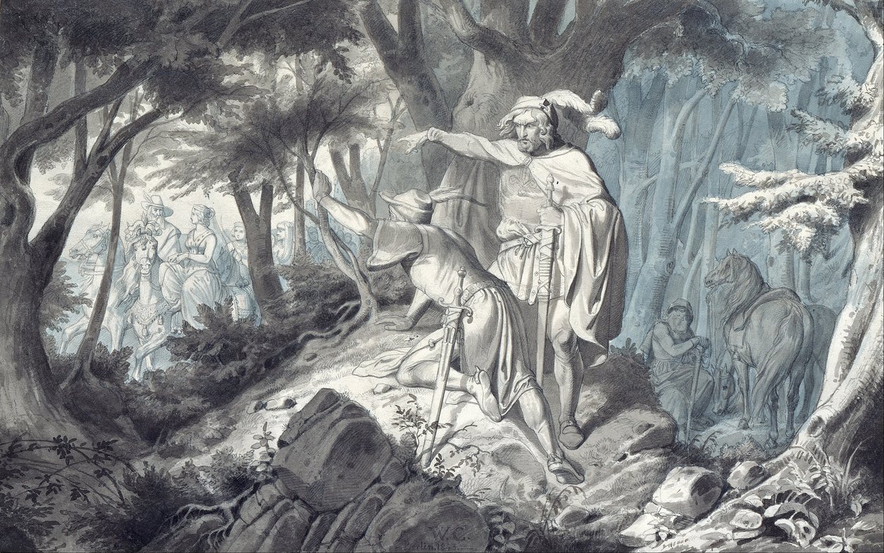 Tristan ja Kadin katsovat salaa Isolden ratsastusta tekijältä Wilhelm Camphausen