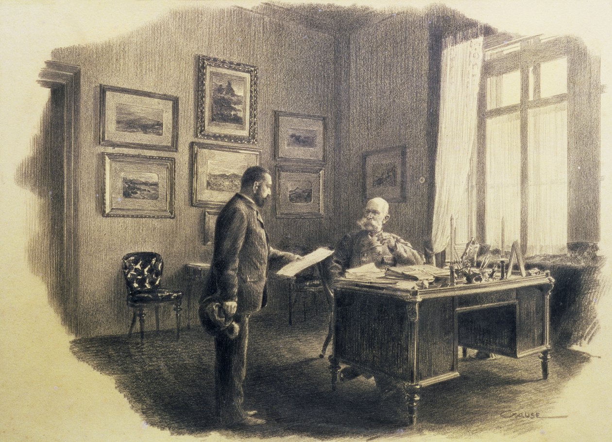 Itävallan keisari Franz Joseph I (1830-1916) kirjoituspöytänsä ääressä Jagdrockissa (lyijykynä). tekijältä Wilhelm Gause