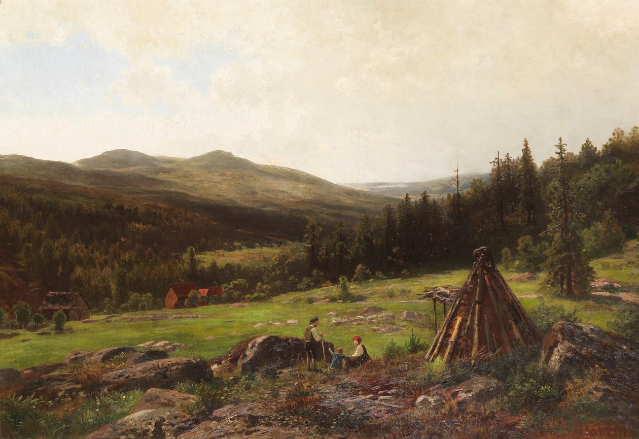 Köhlerfamilie vor weiter Hügellandschaft tekijältä Wilhelm Julius August Nabert