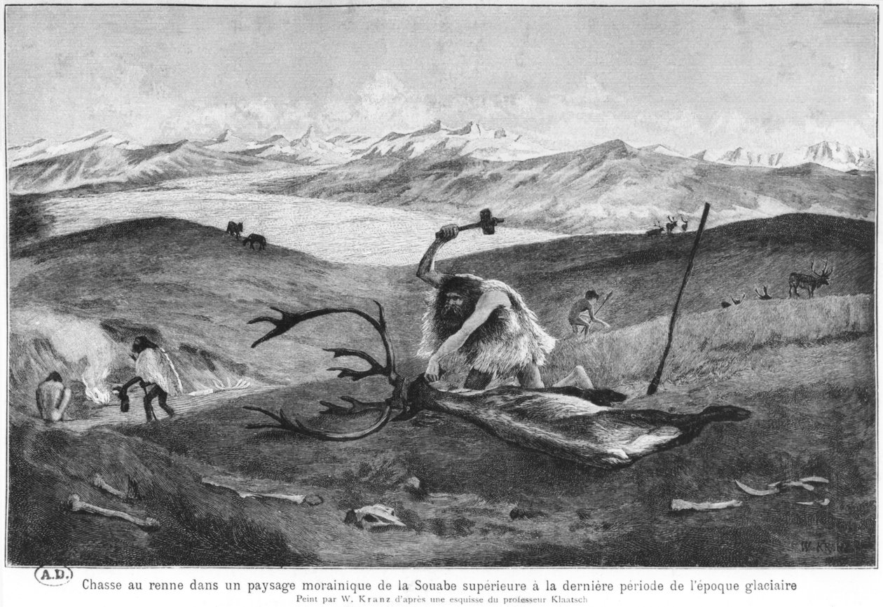 Poronmetsästystä myöhäisen jääkauden aikana korkean Souaben moreenisessa maisemassa, professori Klaatschin luonnoksen mukaan, n. 1900 tekijältä Wilhelm Kranz