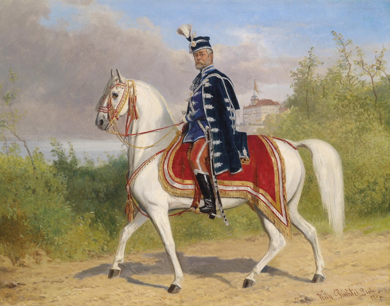 Ungarischer Adeliger (Mitglied der oberen Kammer) zu Pferde, im Hintergrund Schloss Acsa tekijältä Wilhelm Richter