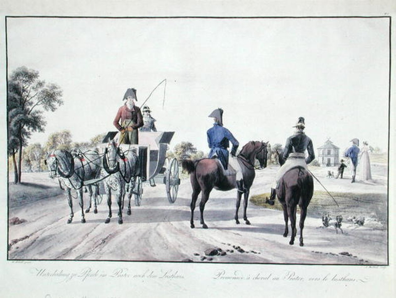Ratsastus Prater Parkissa, Wienissä, kaiverrus Adam von Bartsch (1757-1821) 1804 (värillinen kaiverrus) tekijältä Wilhelm Alexander (after) Kobell