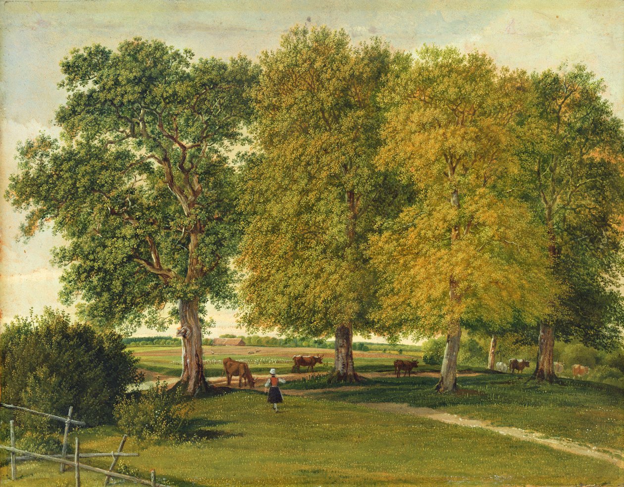 Herder karjan kanssa syksyisten puiden alla, n. 1821 (öljy paperille asetettu pahville) tekijältä Wilhelm Alexander Kobell