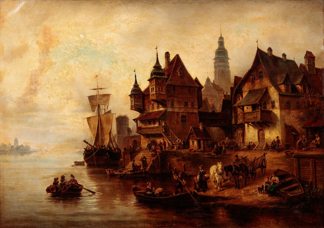 Waterfront Village Scene William Alexander Meyerheimin toimesta tekijältä Wilhelm Alexander Meyerheim