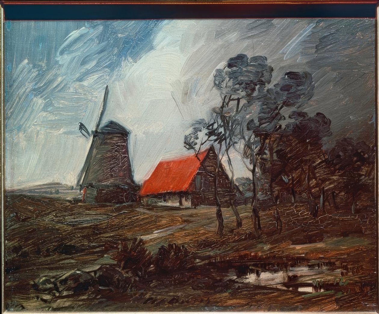 Herbstlandschaft mit Windmühle und rotem Haus tekijältä Wilhelm Busch