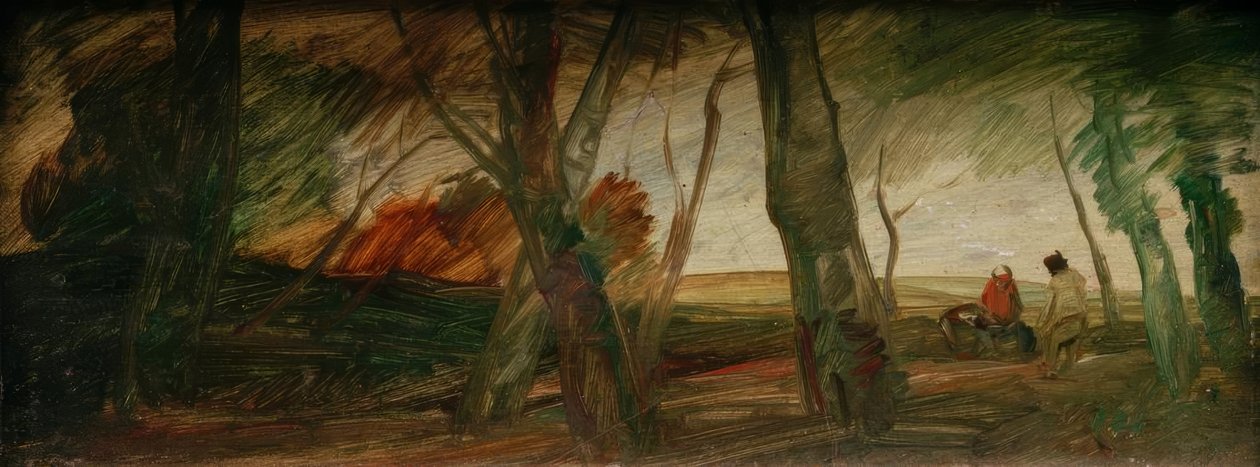 Myöhäissyksyinen maisema kahdella hahmolla tekijältä Wilhelm Busch