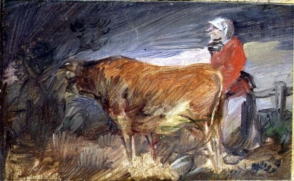 Nainen ja lehmä maisemassa tekijältä Wilhelm Busch