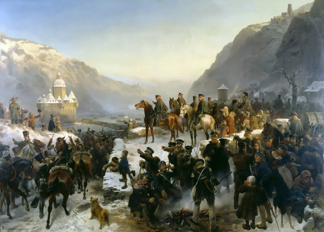 Blücher ylitti Rein-joen Kaubin lähellä 1. tammikuuta 1814 1860. tekijältä Wilhelm Camphausen
