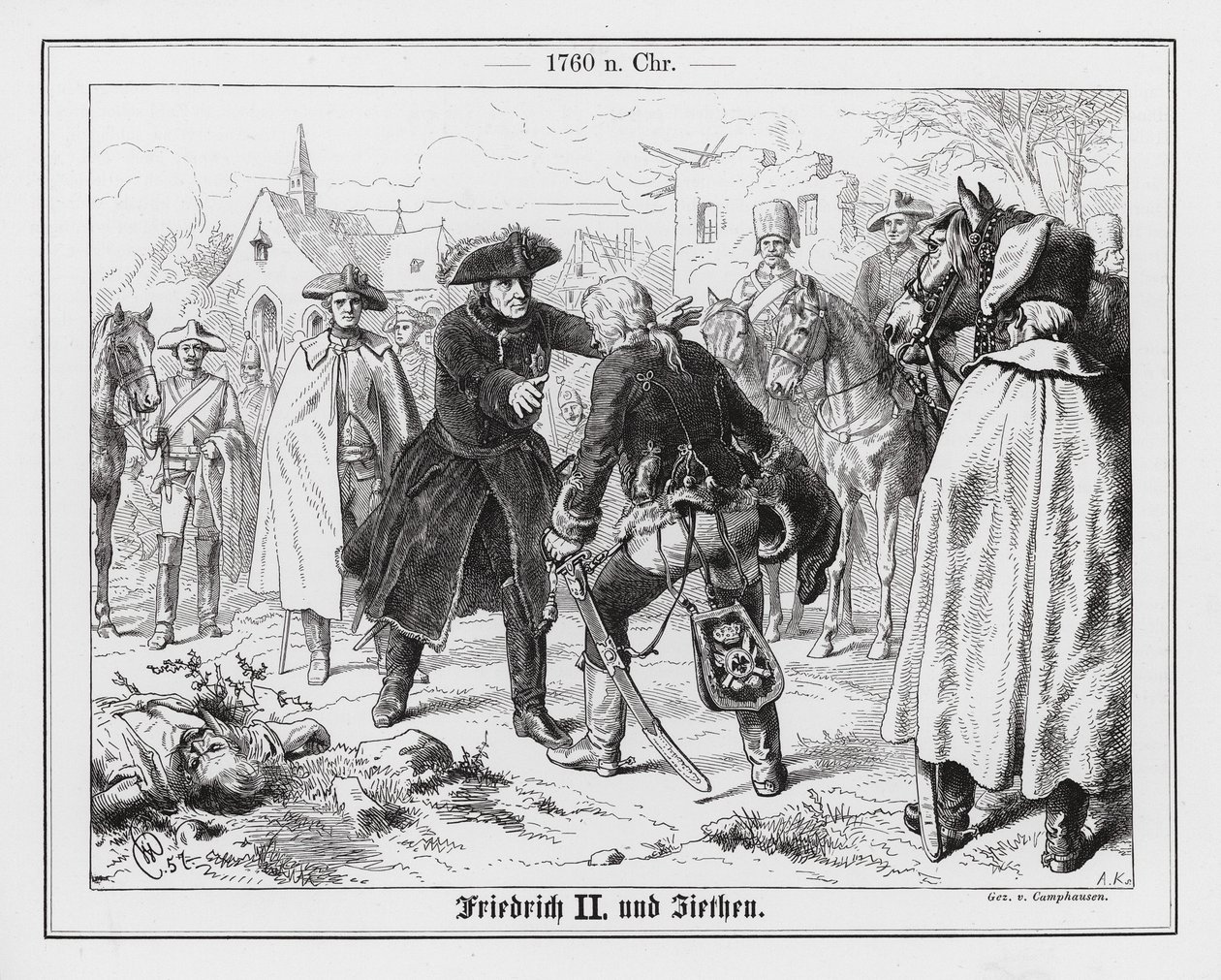 Fredrik Suuri ja kenraali Zieten Torgaun taistelun jälkeen. tekijältä Wilhelm Camphausen