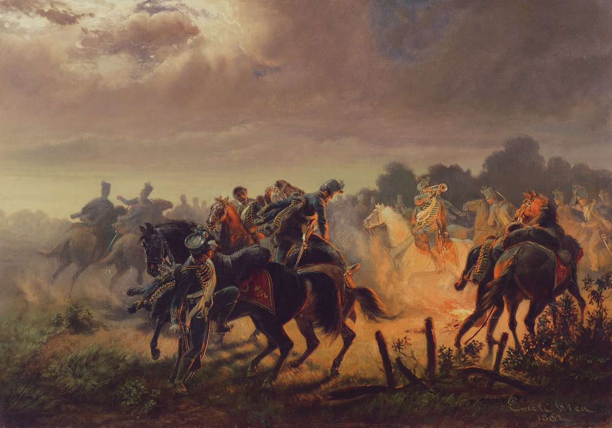 Yövaroitus, husaarien etuvartio Italian kampanjassa 1848-49, 1862 tekijältä Wilhelm Emele