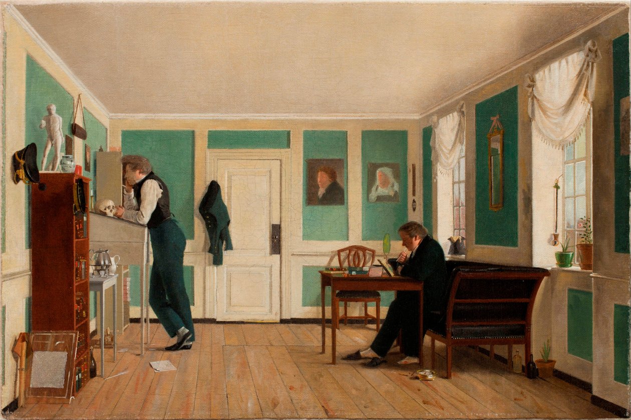 Sisätiloja Amaliegadesta, kapteeni Carl Ludvig Bendz seisoo ja tohtori Jacob Christian Bendz istuu. tekijältä Wilhelm Ferdinand Bendz