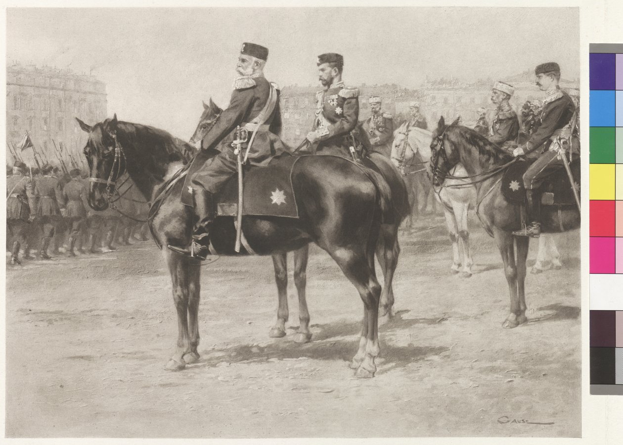 Keisari Franz Joseph I ja tsaari Nikolaus II paraatissa Champ-de-Marsilla Pietarissa. tekijältä Wilhelm Gause