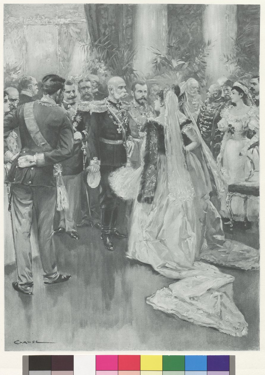 Keisari Franz Joseph I ja tsaari Nikolaus II Pietarissa suuren juhlaillallisen jälkeen. tekijältä Wilhelm Gause