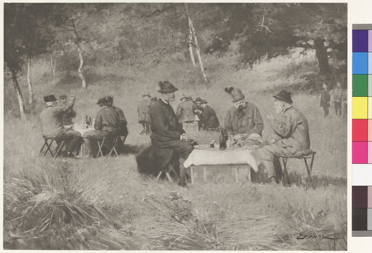 Metsästysseurue - keisari Franz Joseph pöydässä Baijerin prinssi Leopoldin ja Toscanan suurherttua Ferdinand IV:n kanssa. tekijältä Wilhelm Gause