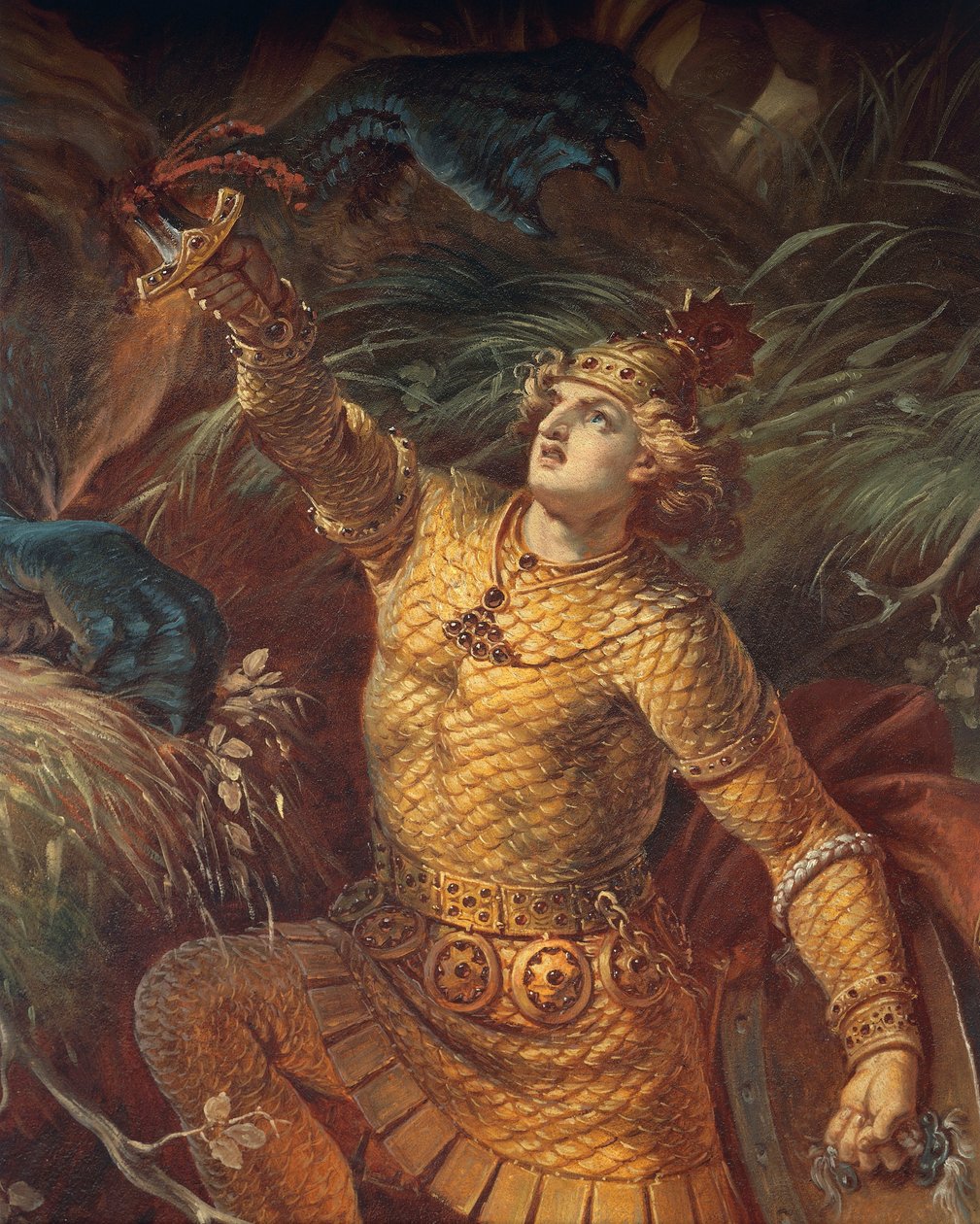 Sigurd tappaa lohikäärme Fafuirin pitämällä kädellä Gramin miekkaa, yksityiskohta, Sigurd Sagasta, Alahalli, n. 1882-83 (seinämaalaus) (katso myös 419035) tekijältä Wilhelm Hauschild