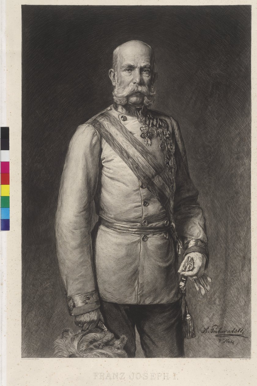 Franz Joseph I kenttämarsalkan juhlapuvussa, juhlahattu haravoituna tekijältä Wilhelm Hecht