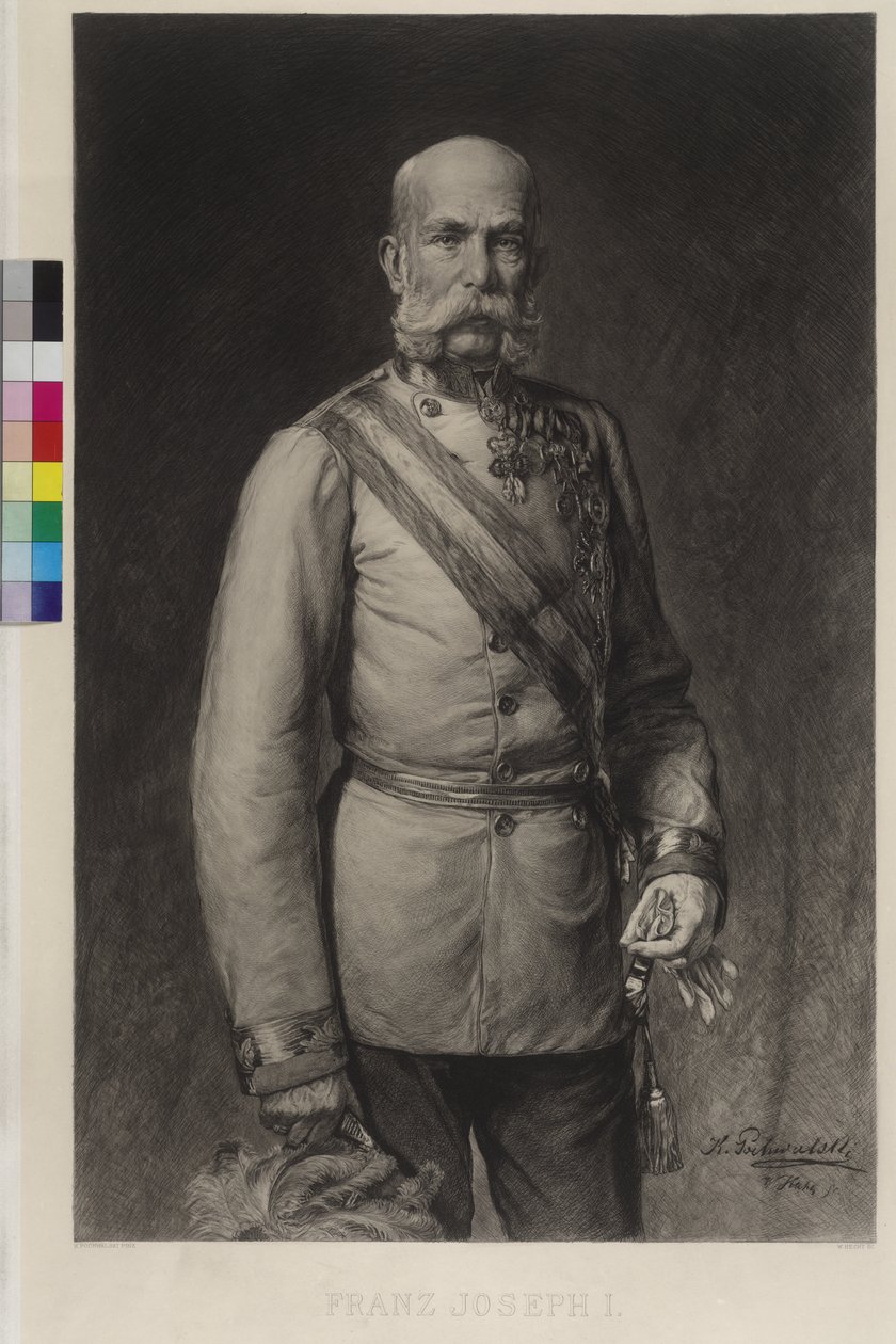 Franz Joseph I kenttämarsalkan juhlapuvussa, juhlahattu haravoituna tekijältä Wilhelm Hecht