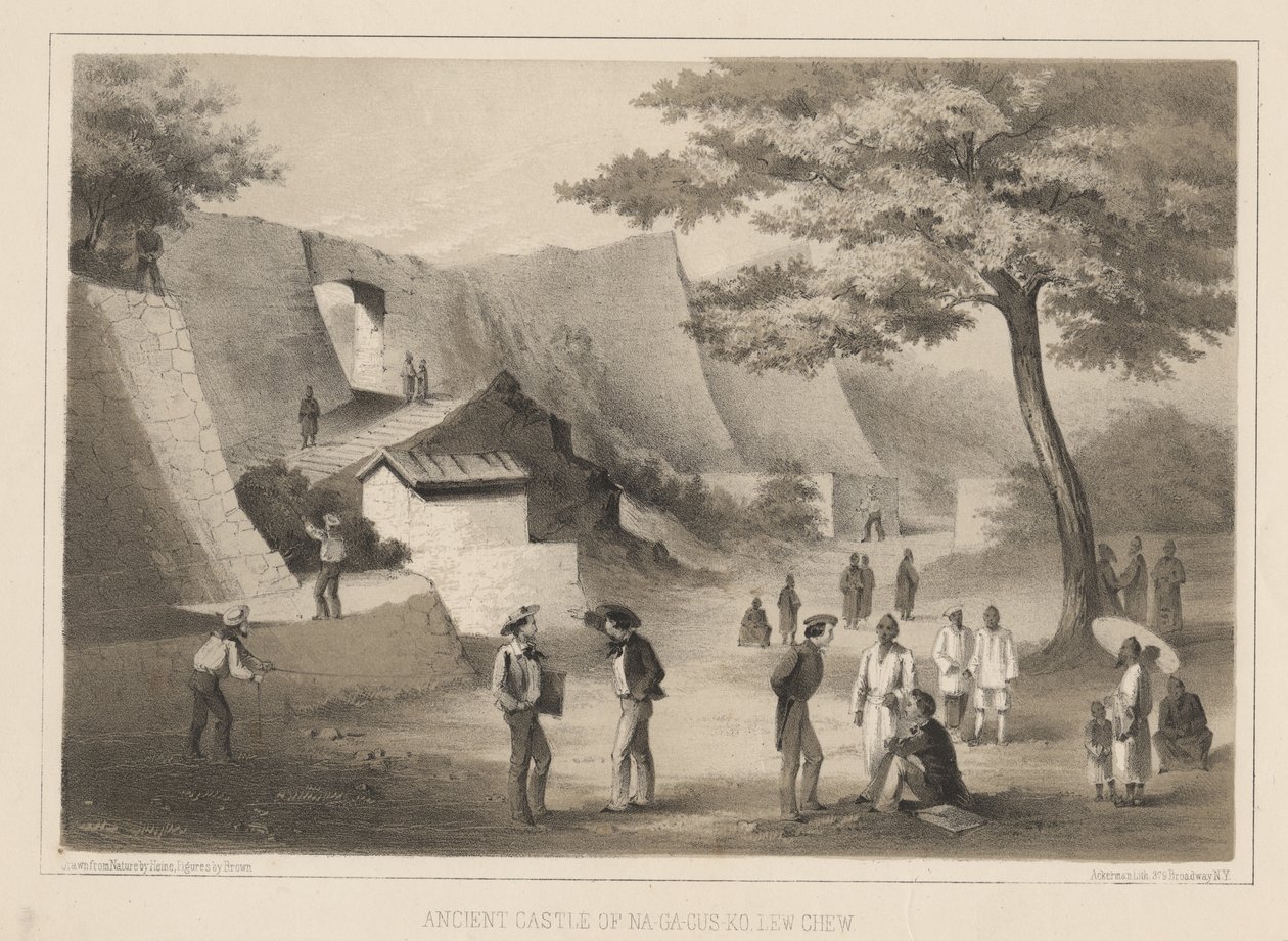 Na-Ga-Cus-Ko:n muinainen linna, Lew Chew, 1855 tekijältä Wilhelm Joseph Heine