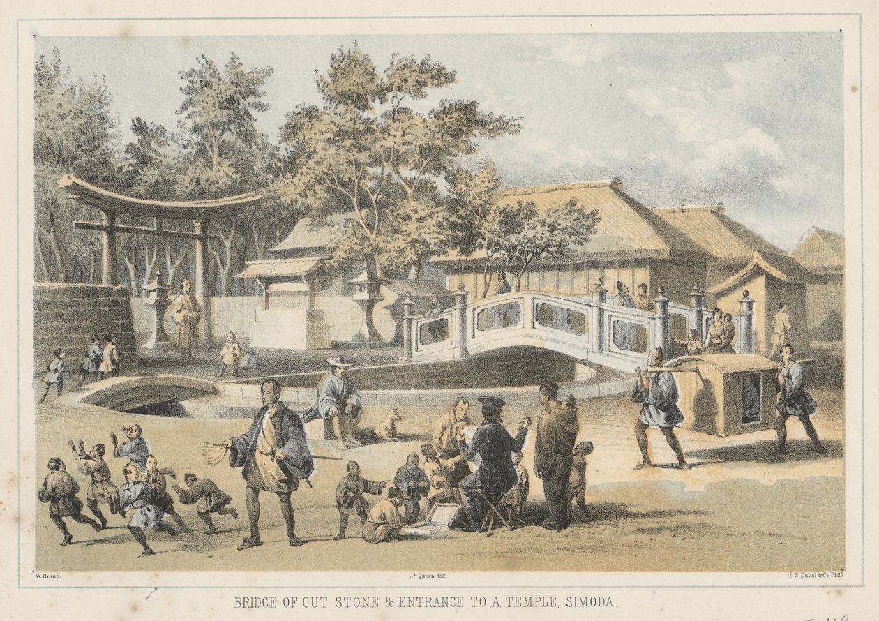 Leikkatun kiven silta ja temppelin sisäänkäynti, Simoda, 1855 tekijältä Wilhelm Joseph Heine