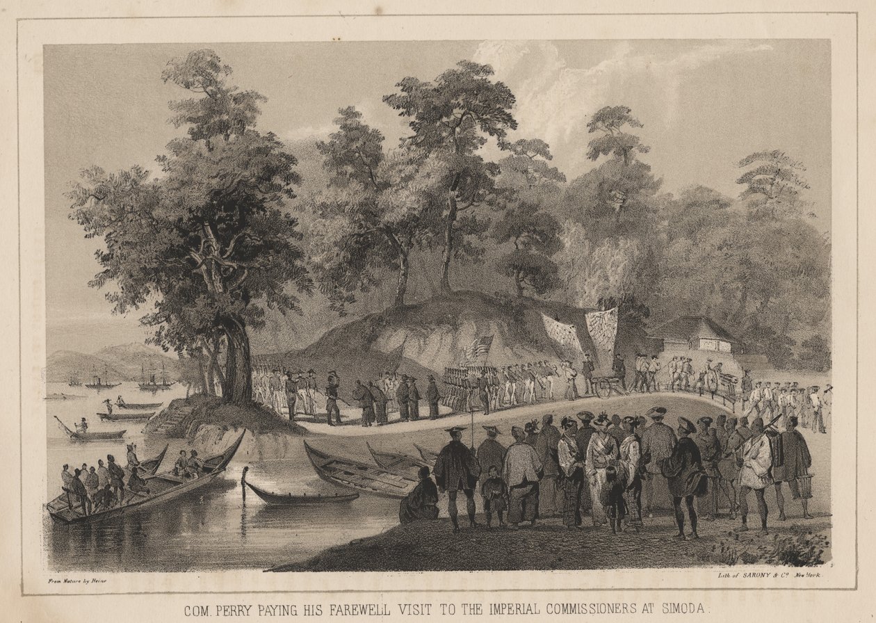 Com. Perry jäähyväisvierailullaan keisarillisten komissaarien luona Simodassa, 1855. tekijältä Wilhelm Joseph Heine