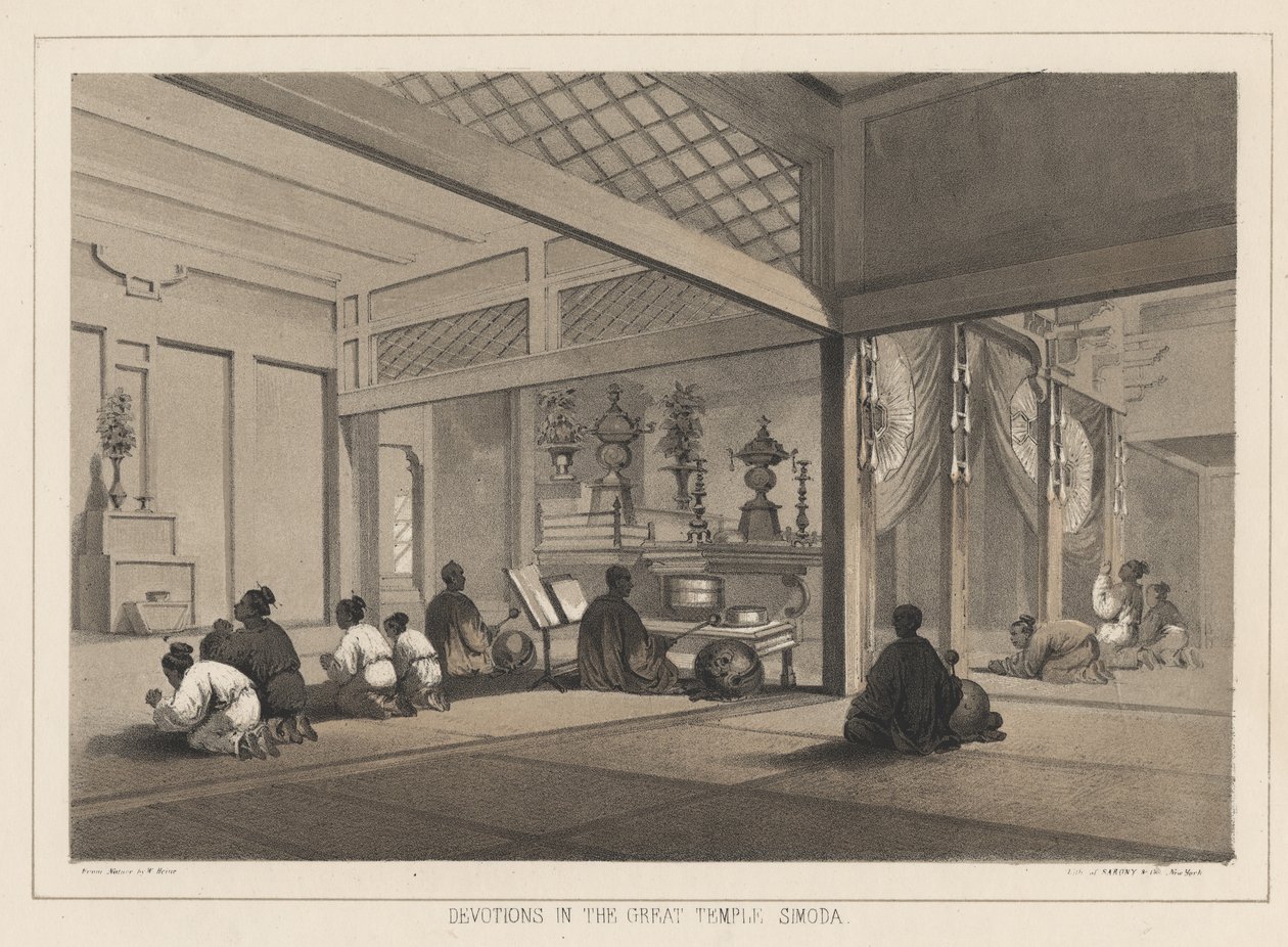 Hartaudet Suuressa temppelissä, Simoda, 1855 tekijältä Wilhelm Joseph Heine