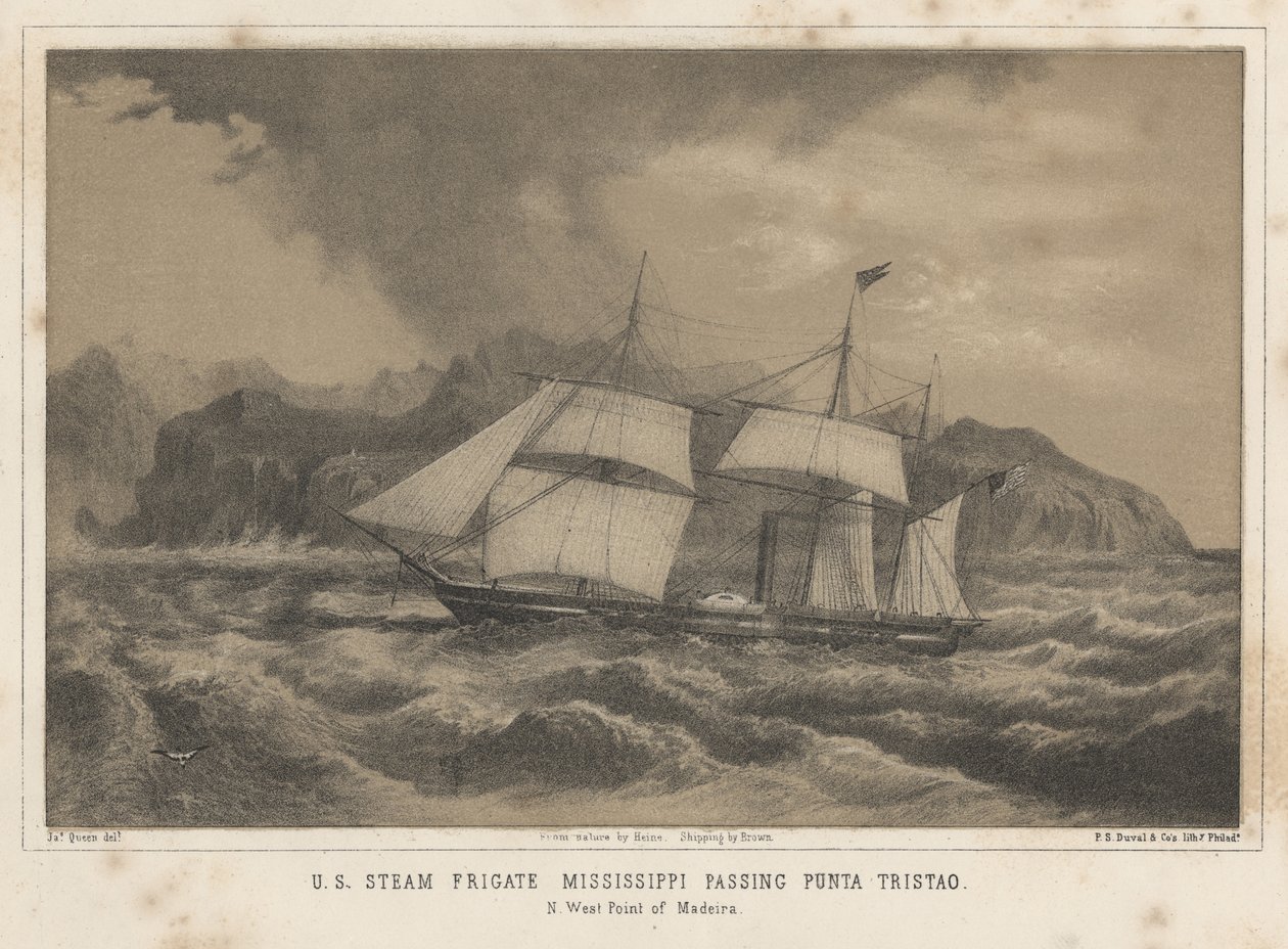 Yhdysvaltain höyryfregatti Mississippi ohittaa Punta Tristaon, 1855. tekijältä Wilhelm Joseph Heine