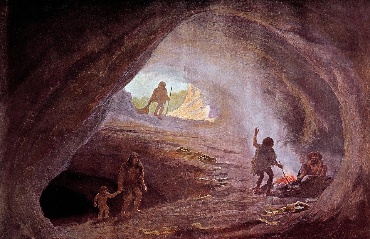 Esihistoria: luolat jääkauden aikana. W. Kranzin maalauksesta, 1900-luku tekijältä Wilhelm Kranz