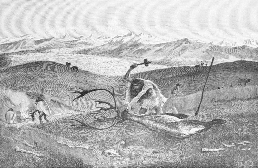 Esihistoria: poronmetsästys Swabenin moreenimaisemissa korkeammalla kuin viime jääkausi; maalannut W. Kranz professori Klaatshin luonnoksesta. tekijältä Wilhelm Kranz