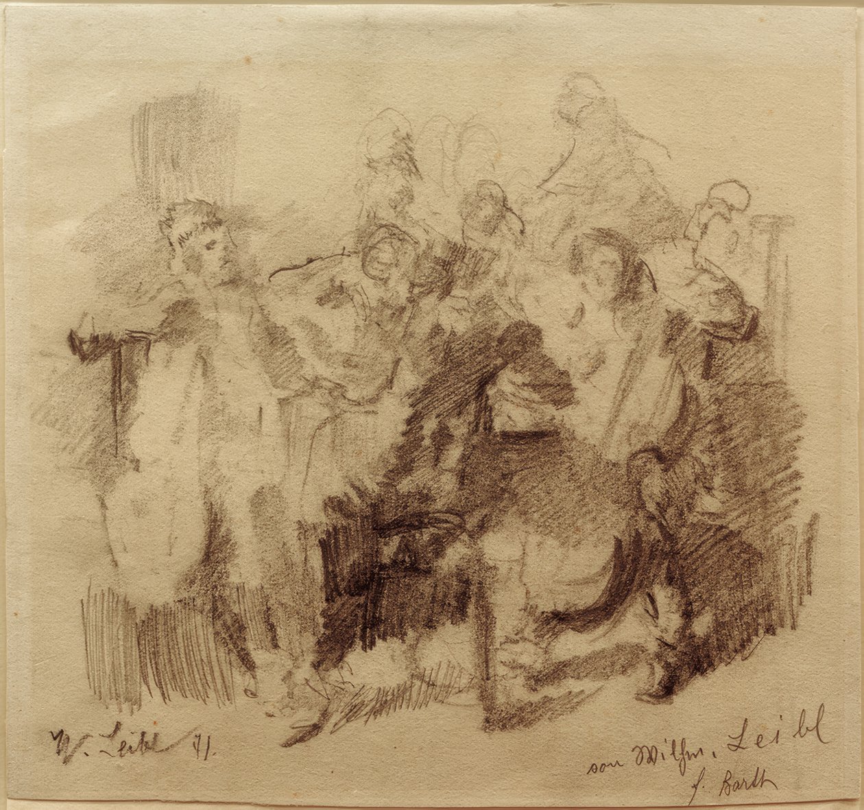 Luonnos "The Table Company" -elokuvaan sellonsoittajan kanssa tekijältä Wilhelm Maria Hubertus Leibl