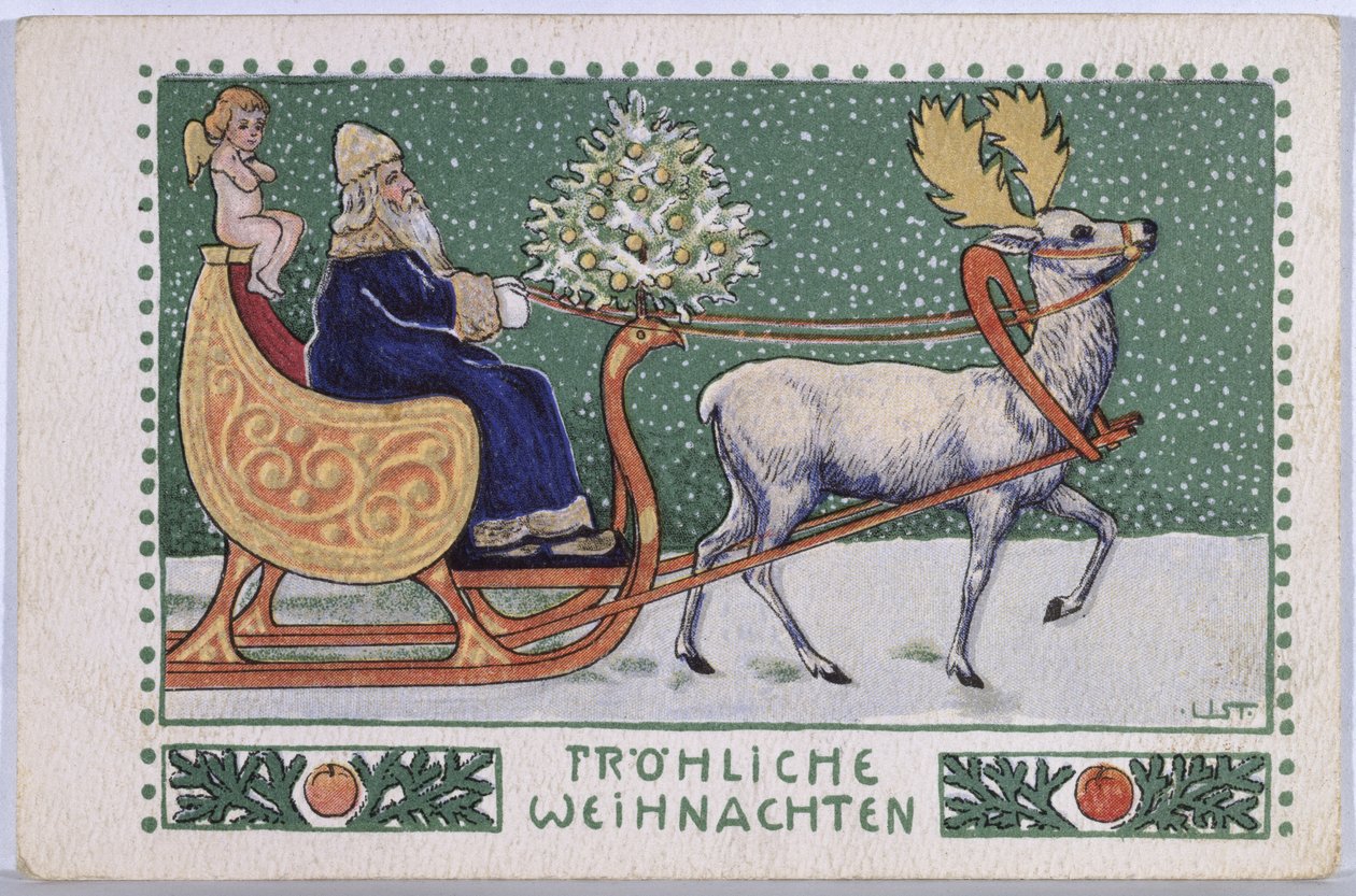 Postikortti, joka kuvaa joulupukkia rekillään, n. 1910 tekijältä Wilhelm List