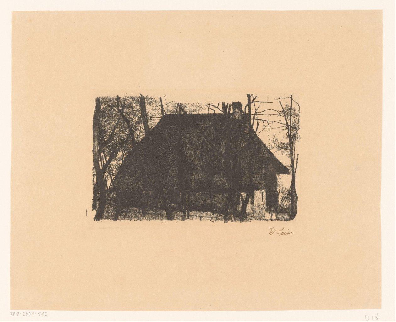 Maatila paljaiden puiden välissä tekijältä Wilhelm Maria Hubertus Leibl (signed by artist)