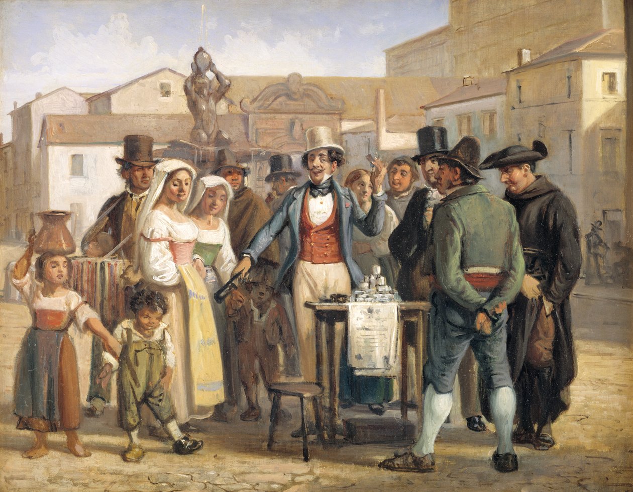 Charlataani myy Blackingiä Piazza Barberinilla Roomassa tekijältä Wilhelm Marstrand