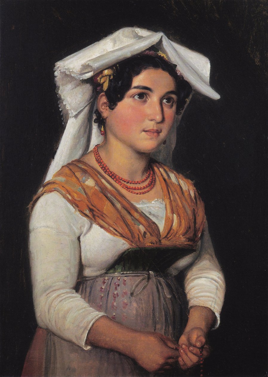 Nuori, seisova italialainen nainen, kädessään rukousnauha. tekijältä Wilhelm Marstrand