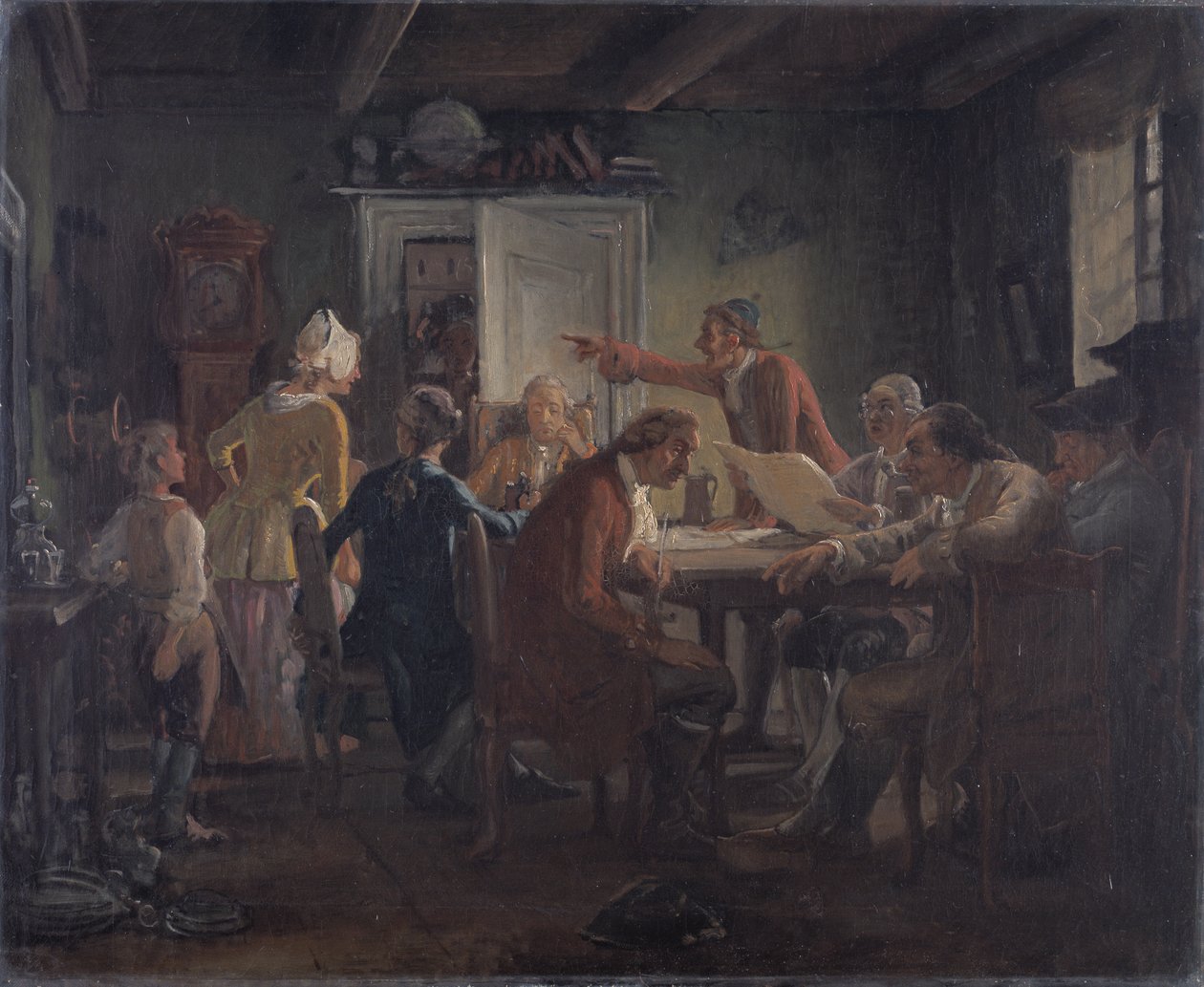 Collegium Politicum. Ludvig Holbergin teoksesta The Political Tinker, näytös I, kohtaus 2. tekijältä Wilhelm Marstrand