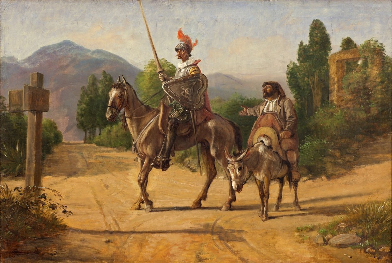 Don Quijote ja Sancho Panza risteyksessä, vuoden 1847 jälkeen (öljy kankaalle) tekijältä Wilhelm Marstrand