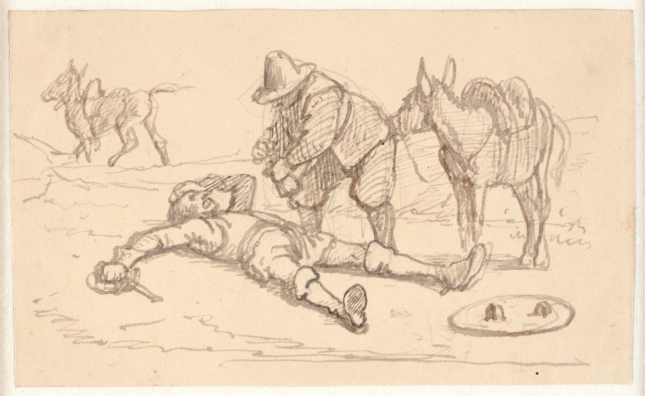 Don Quijote makaa haavoittuneena ja Sancho auttaa häntä tekijältä Wilhelm Marstrand