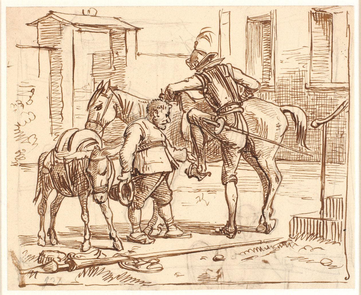 Don Quijote astuu hevosensa selkään tekijältä Wilhelm Marstrand