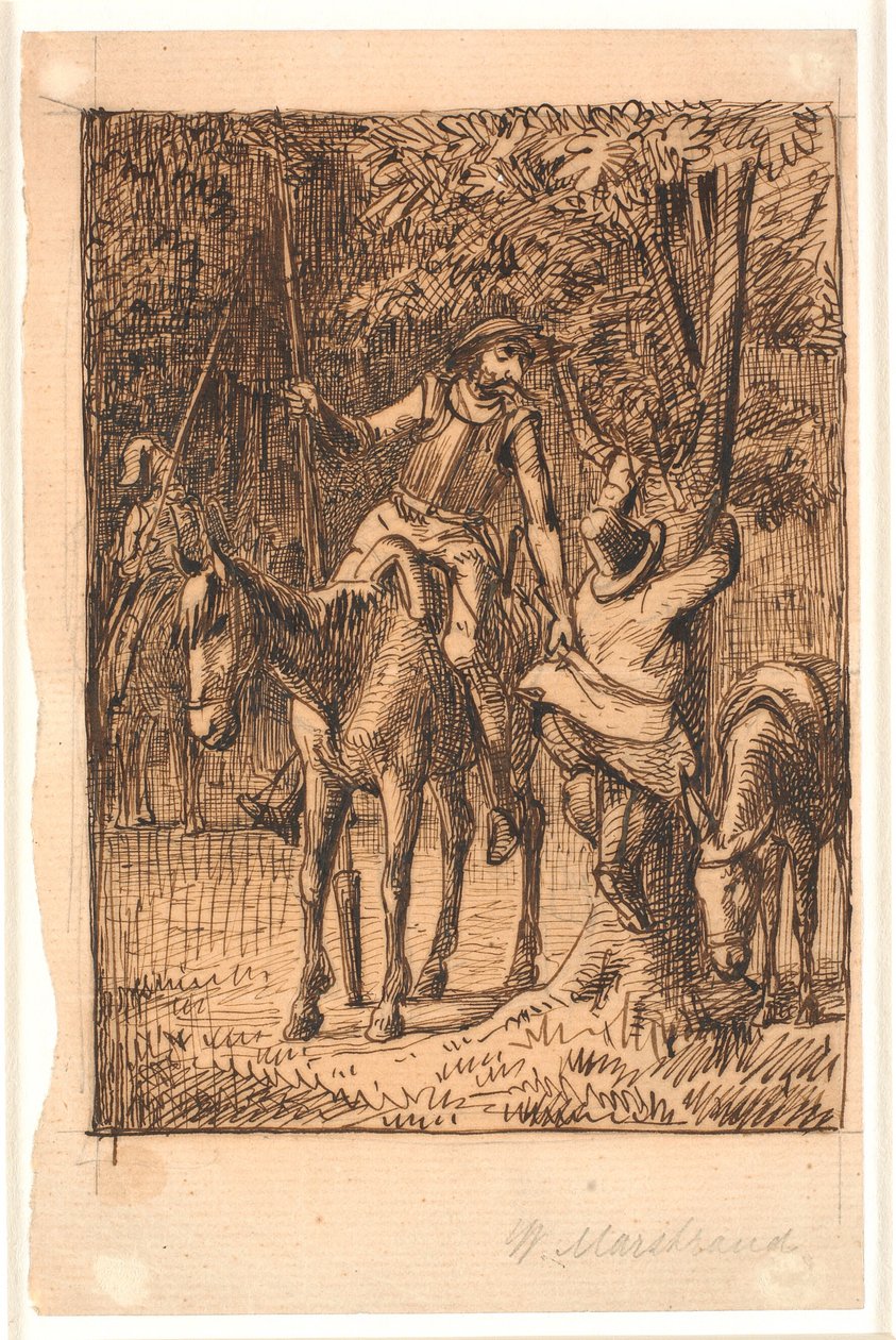 Ennen taistelua peiliritarin kanssa Don Quijote auttaa Sancho Panzan nostamaan puuta tekijältä Wilhelm Marstrand
