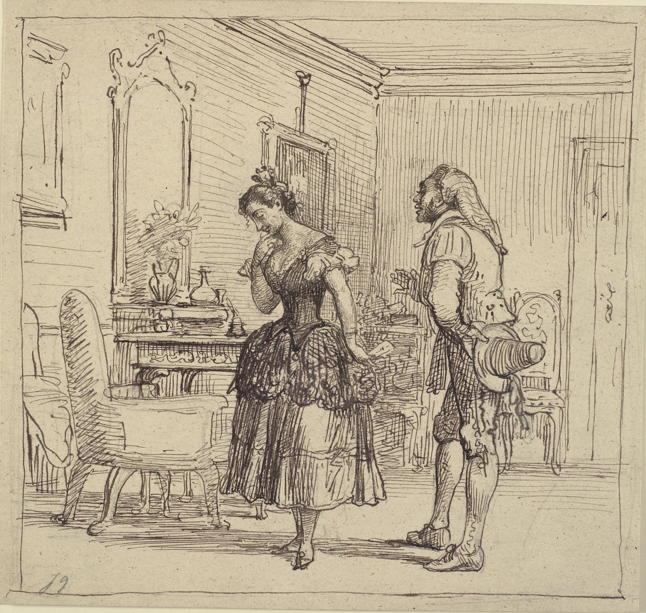Rosina antaa Figarolle kirjeen kreivi Almavivalle. (Sevillan parturi) tekijältä Wilhelm Marstrand