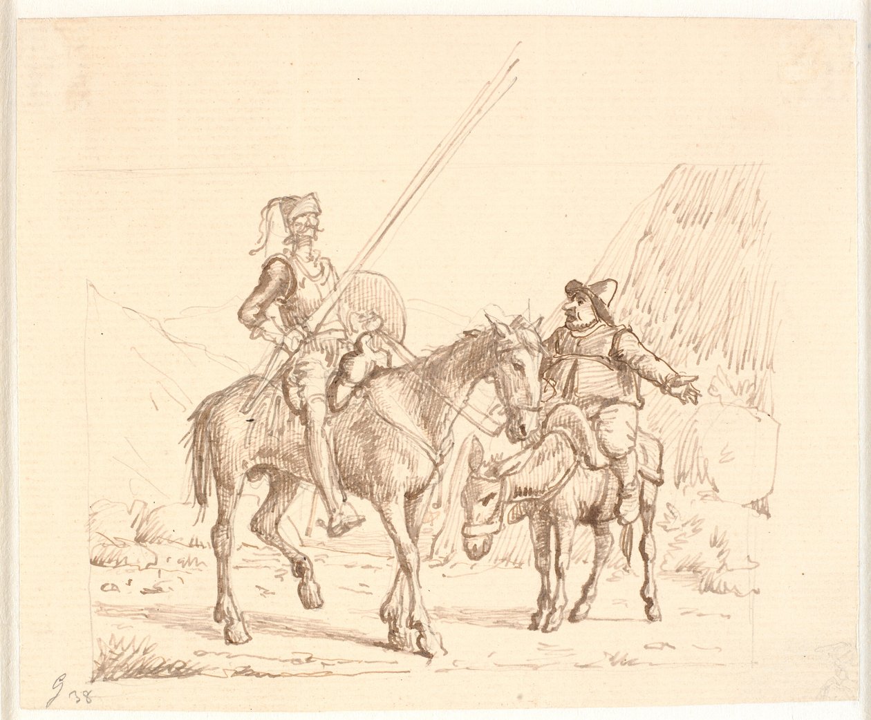 Sancho aasilla selittää jotain Don Quijotelle tekijältä Wilhelm Marstrand