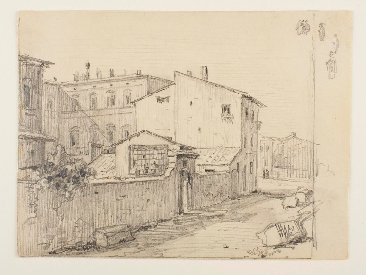 Vicolo delle Colonette di Barberini ja Thorvaldsenin pienet ateljeet Palazzo Barberinin edustalla tekijältä Wilhelm Marstrand