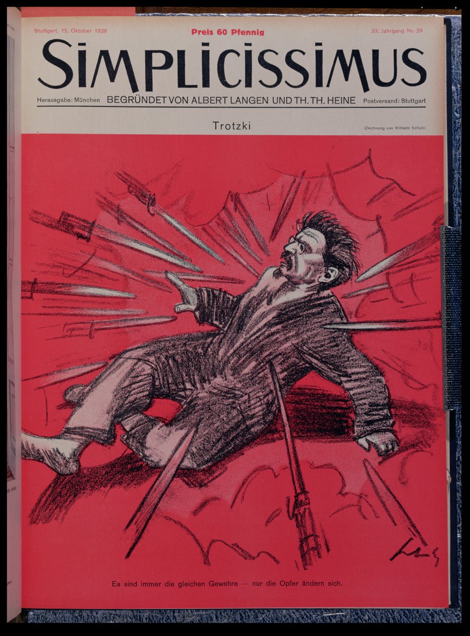 Karikatyyri Leon Trotskysta (1879-1940) hyökkäyksen kohteena, Simplicisissimus-lehdestä, lokakuu 1928 (värilitho) tekijältä Wilhelm Schulz