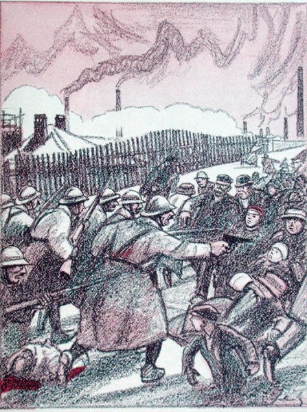 Ranskan armeijan tukahduttaminen Ruhrin miehityksen aikana, Simplicissimus, tammikuu 1924 (väri litho) tekijältä Wilhelm Schulz