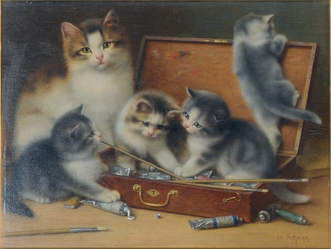 Kissaäiti ja hänen pentunsa leikkimässä maalilaatikossa (öljy paneelissa) tekijältä Wilhelm Schwar