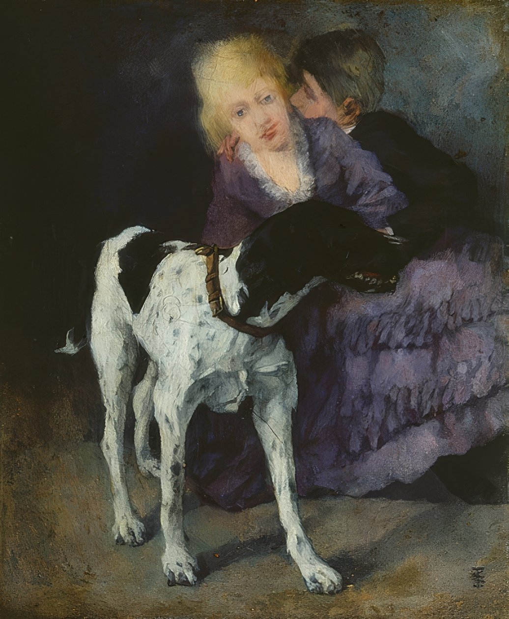 Rakastava pari koiran kanssa. 1873 tekijältä Wilhelm Trübner