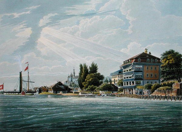 Bellevue Hotel and Pension on Lac de Thoune, kaiverrus Bodmer (väri litho) tekijältä Wilhelm Ulrich Oppermann