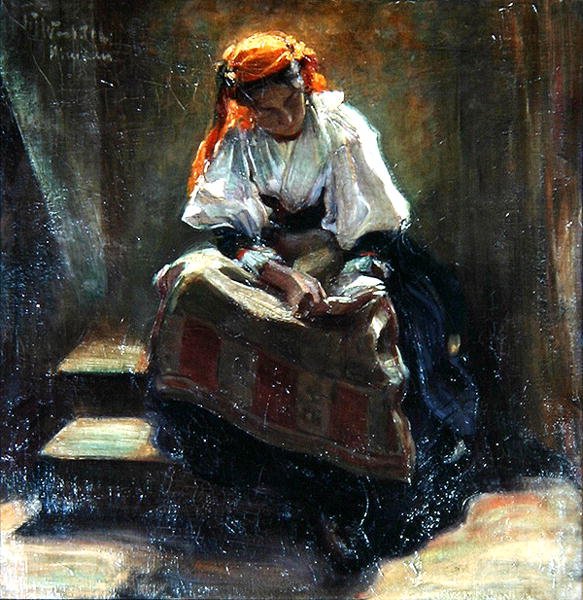 Tyttö kirjan kanssa, n. 1900 (öljy kankaalle) tekijältä Wilhelm Wachtel