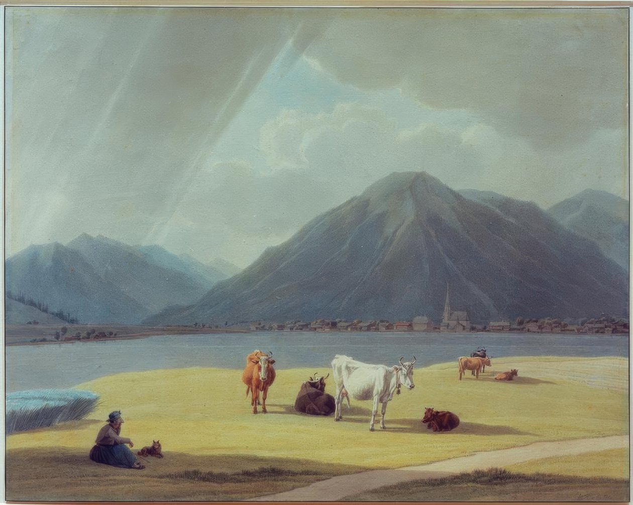 Maanviljelijän vaimo karjan kanssa Rottach-Egernin edessä tekijältä Wilhelm von Kobell