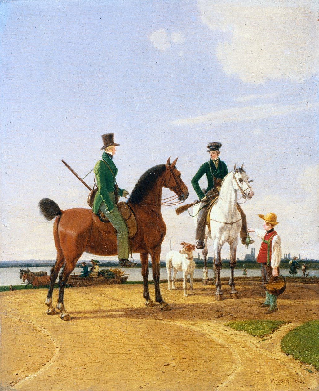 Metsästäjä ja Lordi Isar-joella näköalalla Müncheniin tekijältä Wilhelm von Kobell